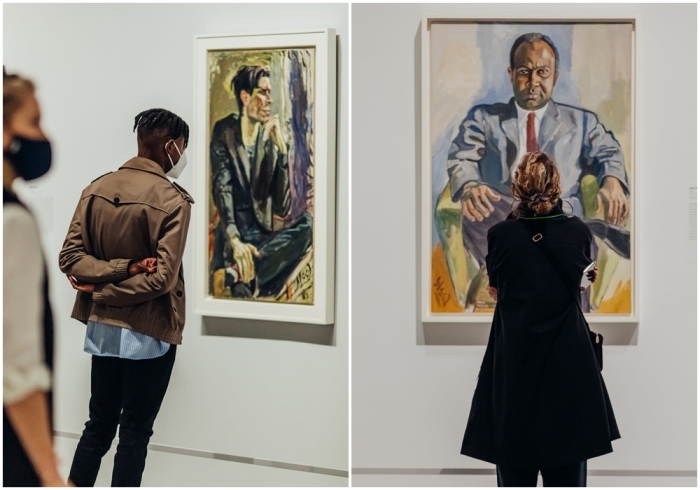 Слева направо: Роберт Смитсон, Элис Нил, 1962 год. \ Посетитель изучает портрет лидера движения за гражданские права Джеймса Фармера Элис Нил 1964 года на выставке «Люди превыше всего» в Музее искусств Метрополитен.