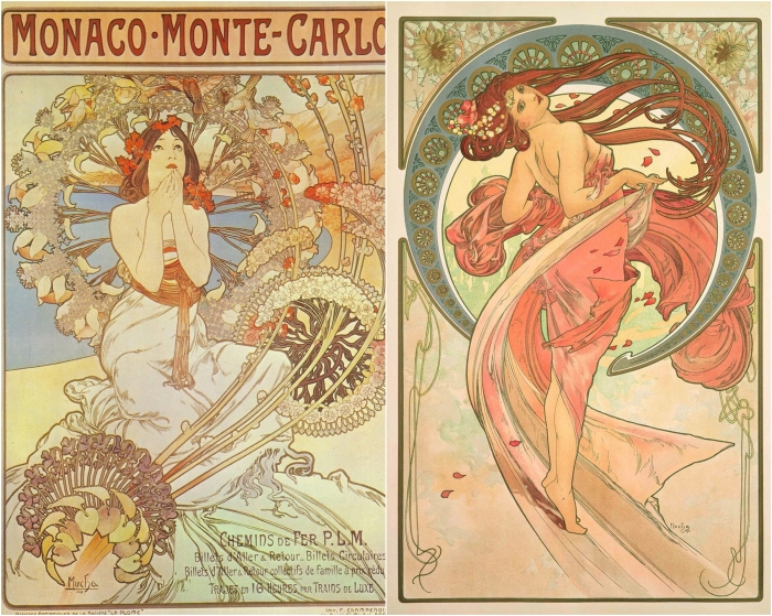Слева: Monaco-Monte-Carlo, 1897. Справа: The Arts: Dance, 1898, Альфонс Муха. \ Фото: blogspot.com.