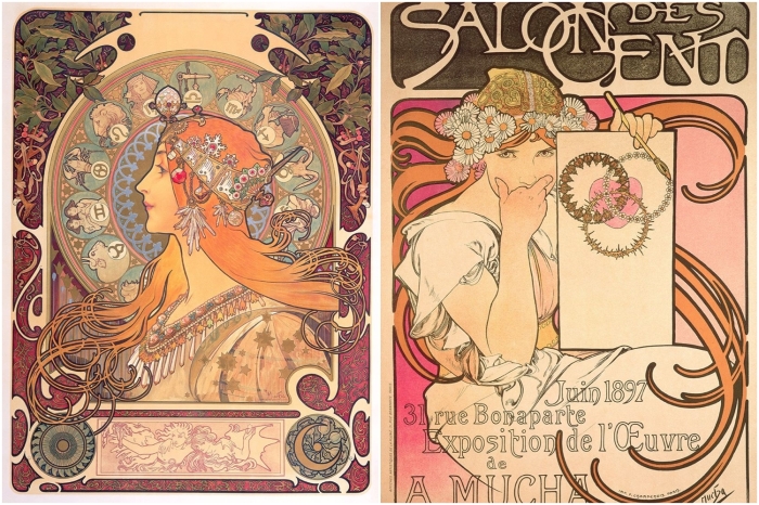 Слева: Le Zodiaque, 1896. Справа: Salon des Cent, 1897, Альфонс Муха. \ Фото: lifegate.com.