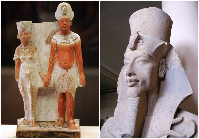 Слева направо: Известняковая статуэтка юных Нефертити и Эхнатона, ок. 1345 год до н. э., Лувр. \ Статуя фараона Эхнатона из храма Атона в Карнаке.