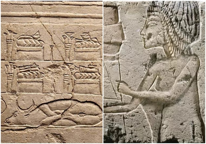 Слева направо: Талатат из Великого храма в Амарне, изображающий подношения Атону (скот, хлеб, благовония и цветы), около 1353-1336 гг. до н. э. \ Рельеф, изображающий фигуру, несущую сосуд для подношений, Амарна.