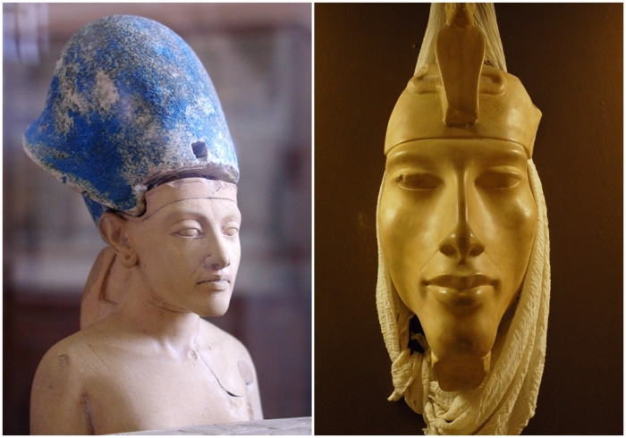 Слева направо: Эхнатон в голубой короне «хепреш», Каирский музей. \ Голова Эхнатона, Розенкрейцерский египетский музей, Сан-Хосе.