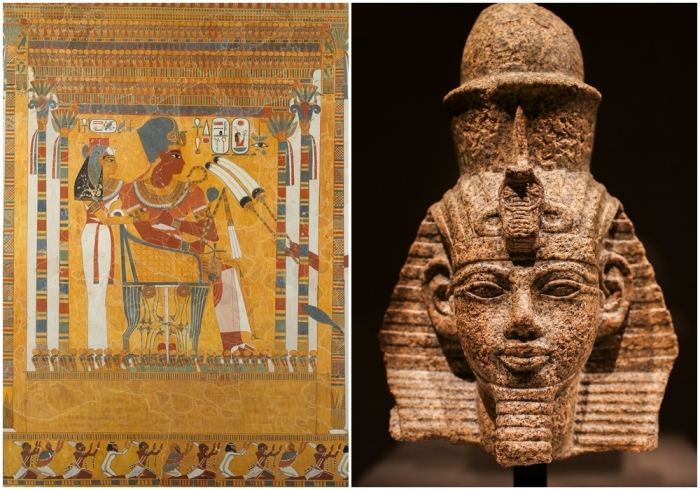 Слева направо: Аменхотеп III и его мать Мутемуйя из гробницы TT226. Факсимиле, Метрополитен-музей. \ Аменхотеп III, носящий двойную корону Верхнего и Нижнего Египта.