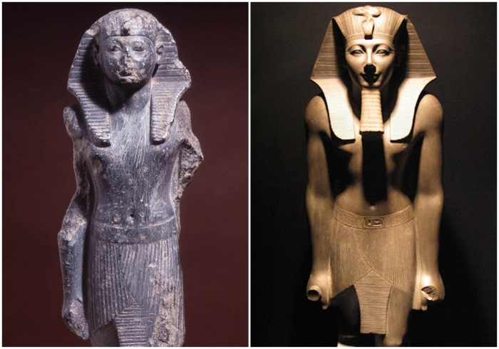Слева направо: Фрагментированная фигура Тутмоса III, вырезанная из стеатита, 18-я династия. \ Статуя Тутмоса III в Луксорском музее.