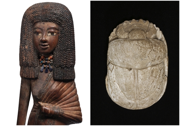 Слева направо: Статуэтка, изображающая главную жену Аменхотепа III, Тию, ок. 1390 – 1349 гг. до н. э. \ Памятный скарабей по случаю брачного союза Аменхотепа III и Гилухепы.