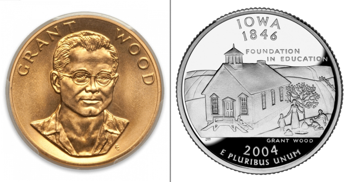 Слева направо: Золотой медальон с изображением Гранта Вуда 1980 года из памятной серии американского искусства весом в одну унцию. \  Изображён квартал штата Айова в честь Гранта Вуда.