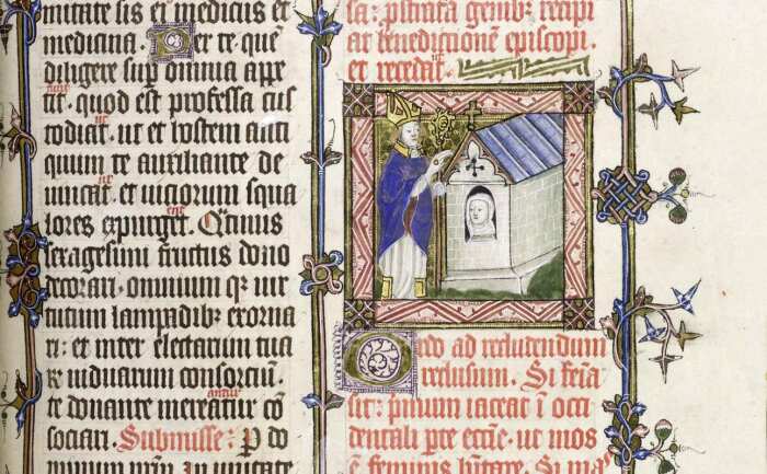 Ограждение отшельницы епископом, освещение из Папского, стр. 200, ок. 1400-1410 гг. \ Фото: parker.stanford.edu.