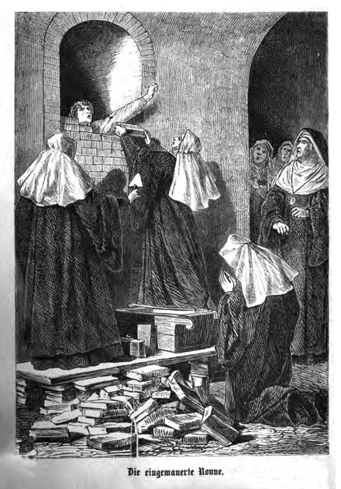 Замурованная монахиня, иллюстрация из Темных историй Австрии, стр. 272, Мориц Берманн, 1868 год. \ Фото: books.google.ch.