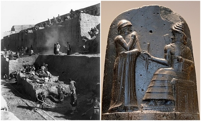 Слева направо: Раскопки акрополя в 1897-1898 годах, за четыре года до того, как на этом месте был найден Кодекс. \ Кодекс Хаммурапи.