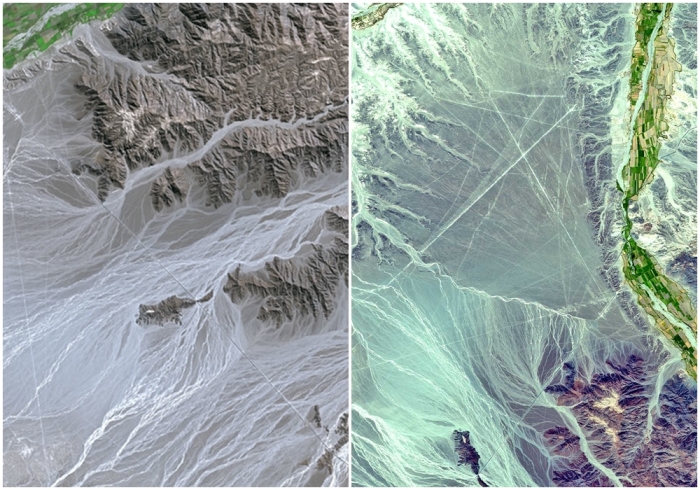 Слева направо: Линии Наска, видимые со спутника SPOT. \ Спутниковый снимок области, содержащей линии: север находится справа (координаты: 14°43'S 75°08'W).