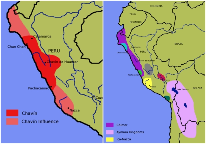 Слева направо: Область распространения (красный цвет) и влияния (розовый цвет) чавинской культуры. \ Андские культуры до инков, 14 век.