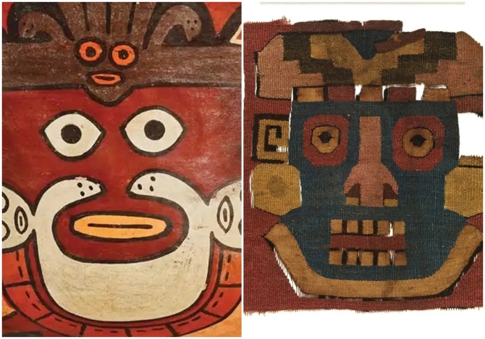 Слева направо: Керамический образец с изображенеим лица, около 100 г. н.э.-650 г. н.э. \ Пример изображения лица с прямым взглядом.