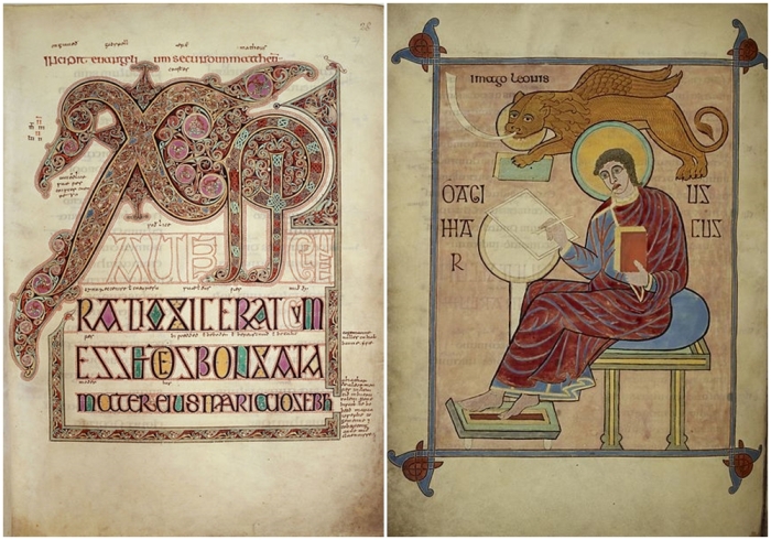 Слева направо: Монограмма Хи-Ро в начале Евангелия от Матфея. \ Портрет евангелиста Марка.