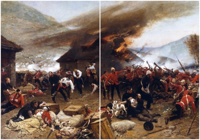 Фрагменты картины Битва при Роркс-Дрифте, в мельчайших деталях показывающая британскую оборону Роркс-Дрифта.
