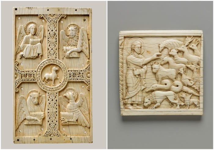Слева наперво: Табличка с Агнусом Деи (Агнец Божий) на кресте между эмблемами четырёх евангелистов. \ Мемориальная доска с изображением Бога, создающего животных.