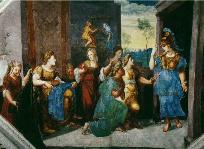 Картина Германа Постумия, изображающая Афину, открывающую себя Арахне и толпе. \ Фото: owlcation.com.