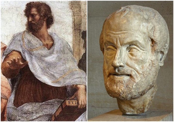 Слева направо: Аристотель кисти Рафаэля. \ Скульптура головы Аристотеля — копия работы Лисиппа, Лувр.