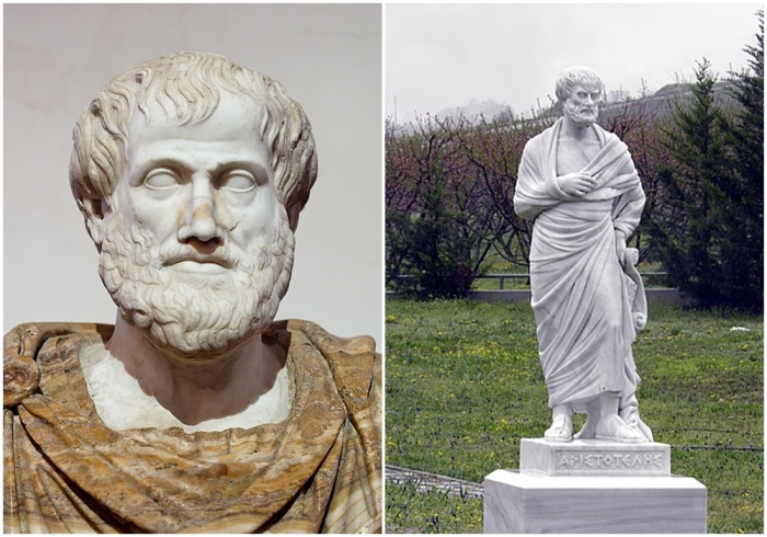 Слева направо: Бюст Аристотеля, римская копия греческого бронзового оригинала (после 330 г. до н. э.), автор оригинала — Лисипп. \ Статуя Аристотеля в Миезе, на территории Нимфеона.