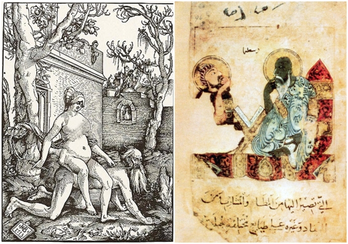 Слева направо: Гравюра на дереве с изображением Аристотеля, на котором ездит Филлис, Ханс Бальдунг, 1515 год. \ Исламское изображение Аристотеля, около 1220 года.