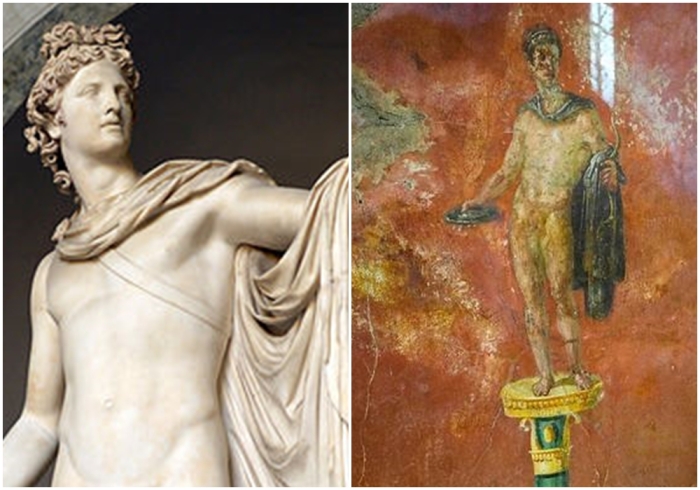 Слева направо: Аполлон Бельведерский, Ватикан. \ Аполлон, фреска из Помпей, I век нашей эры.