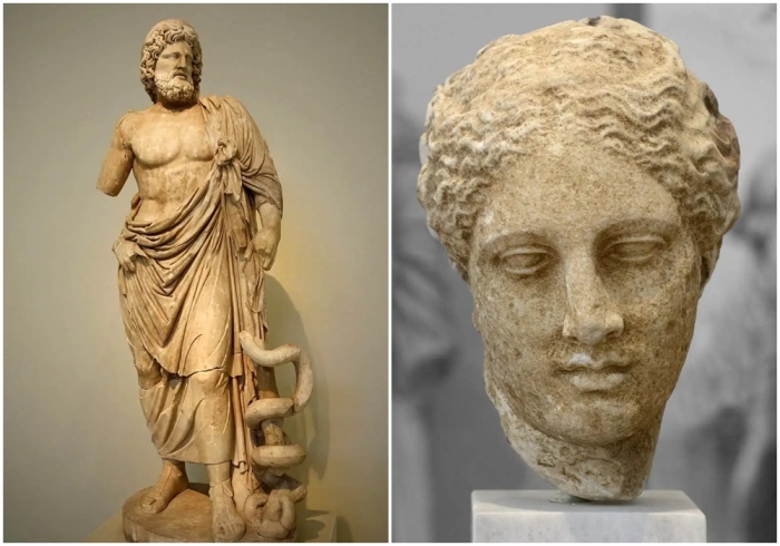 Слева направо:  Асклепий. \ Голова Гигеи, богини чистоты.