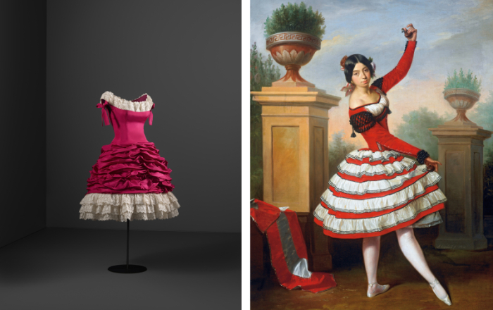 Слева: Платье Кристобаля Баленсиаго. \ Справа: Традиционный наряд танцовщицы фламенко. 