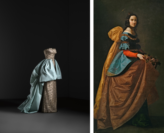 Слева: Вечерний наряд платья и юбки, 1951 год. Предоставлено Museo Thyssen Bornemisza. \ Справа: Франсиско де Сурбаран, святая Елизавета Португальская.