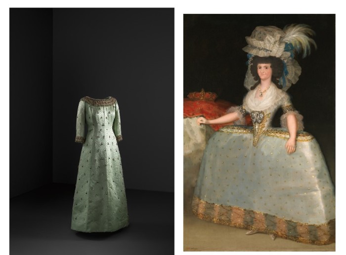 Слева: Вечернее платье (сатин, жемчуг и бисер) 1963 г. Кристобаль Баленсиага, музей Гетария. \ Справа: Франсиско де Гойя, Королева Мария Луиза в платье с юбкой с завязками, около 1789 года, Национальный музей Прадо, Мадрид.