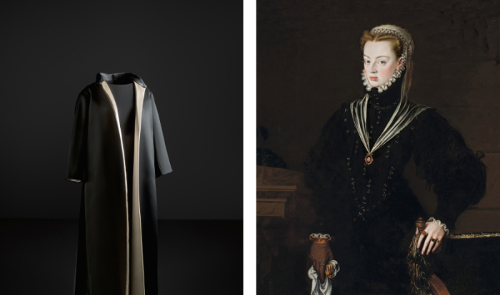 Справа: Хуана Австрийская, сестра Филиппа II, принцесса Португалии. \ Слева: Визитная карточка Кристобаля Балансиага. 