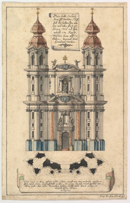 Фасад церкви в стиле барокко с наклонно расположенными башнями, Joseph Kirnberger, ок. 1760-1770 гг.  Фото: pinterest.com.