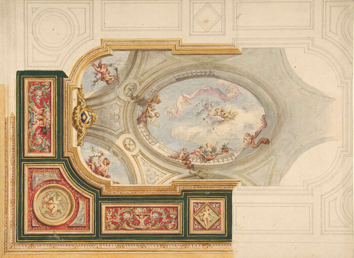 Дизайн потолка в стиле барокко с центральной панелью в стиле тромплёй, XIX век.  Фото: artvee.com.