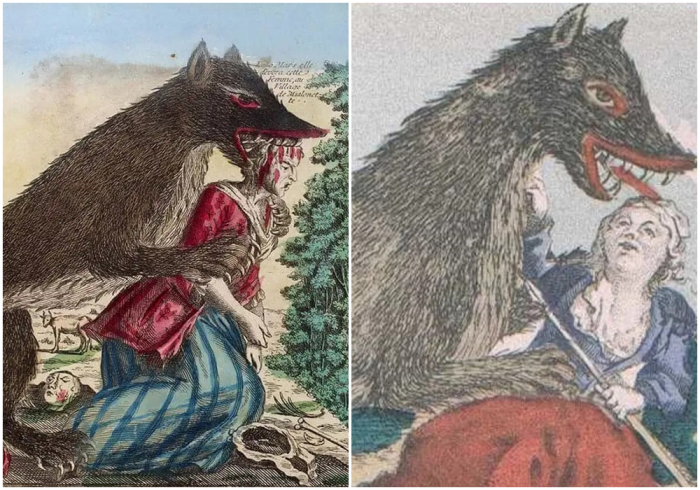 Слева направо: Зверь, напавший на свою жертву. \ Раскрашенная гравюра XVIII века, изображающая спасение женщины от Зверя.
