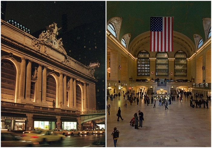 Слева направо: Фасад вокзала Гранд Сентрал терминал, стиль боз-ар. \ Фасад вокзала, стиль боз-ар Гранд-Сентрал-Стейшн-Мейн-Конкурс.