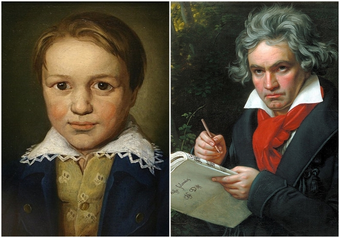 Слева направо: Портрет Бетховена в тринадцатилетнем возрасте, неизвестный боннский мастер (предположительно 1783 год). \ Портрет Бетховена с партитурой Missa Solemnis («Торжественная месса») кисти Карла Штилера, 1820 год.