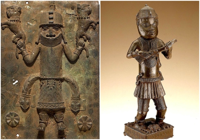 Слева направо: Бенинская бронзовая табличка, примерно XVI-XVII века. \ Бенинская бронза в регалиях под европейским влиянием, XVI век.