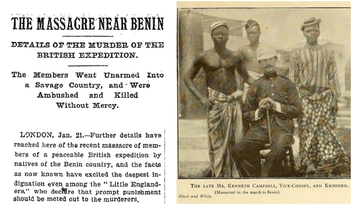 Слева направо: Вырезка из газеты с подробным описанием Резни в Бенине, 1897 год. \ Снимок из статьи Резня в Бенине.