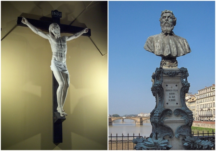Слева направо: Распятие, Бенвенуто Челлини, монастырь Эль Эскориал.\ Бюст Бенвенуто Челлини (Понте-Веккьо, Флоренция).