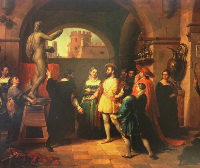 Франциск I в мастерской Бенвенуто Челлини, картина Франческо Подести, настенное искусство 1839 года. \ Фото: i.pinimg.com.