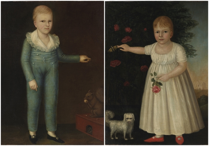Слева направо: портрет мальчика, Джошуа Джонсон. \ Портрет девочки с бабочкой и собачкой, Джошуа Джонсон.