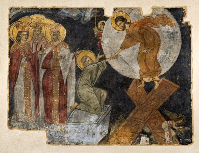 Фреска, изображающая Христа, вытаскивающего Адама из могилы, из разрушенного храма Святой Флориды, Греция, 1400 год. \ Фото: commons.wikimedia.org.