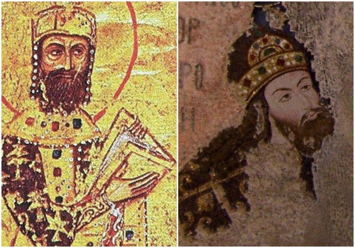 Слева направо: Алексей I Комнин. \ Сын Алексея — Исаак (фрагмент мозаики в монастыре Хора, Константинополь).