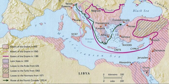 Карта Византийской империи, пурпурная линия показывает наибольший масштаб реставрации Комнинов в 1180 году. \ Фото: i.ytimg.com.