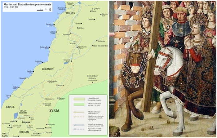Слева направо: Арабо-византийское передвижение войск с сентября 635 года непосредственно перед битвой при Ярмуке. \ Ираклий возвращает Истинный Крест в Иерусалим, анахронично сопровождаемый Святой Еленой, пятнадцатый век, Испания.