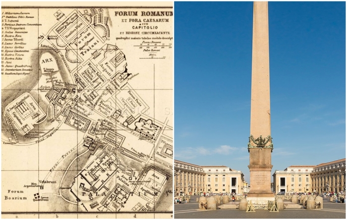 Слева направо: План римского форума и окрестностей к началу II века. \ Обелиск на площади Святого Петра в Ватикане, привезённый из Египта по приказу Калигулы.