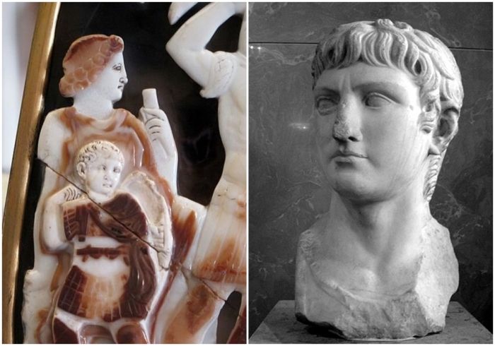 Слева направо: Калигула и Агриппина Старшая, фрагмент Большой камеи Франции (ок. 23 года). \ Германик, бюст из Кордовы (Испания).