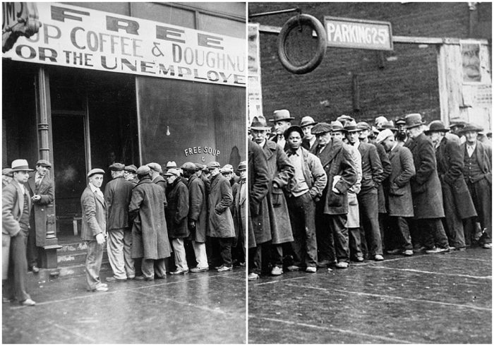 Безработные мужчины возле бесплатной столовой, открытой Капоне в Чикаго во время Великой депрессии, февраль 1931 года.