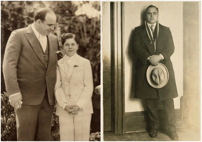 Слева направо: Аль Капоне и его сын Альберт Фрэнсис Сонни Капоне. \ Портрет Аль Капоне в 1925 году.