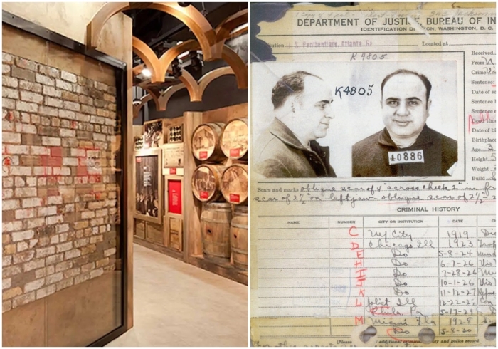 Слева направо: Стена, у которой 14 февраля 1929 года были убиты семь человек. \ Судимость Капоне в ФБР в 1932 году, свидетельствующая о том, что большинство его уголовных обвинений были сняты.