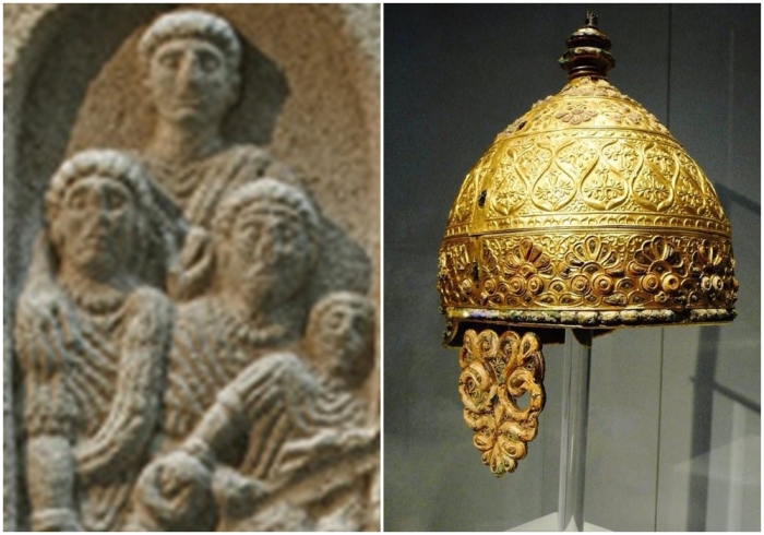 Слева направо: Кельто-латинский стиль из Галисии, II век. \ Церемониальный кельтский шлем, ок. 350 до н.э., который был найден в пещере близ Агри, Городской музей Ангулема во Франции.