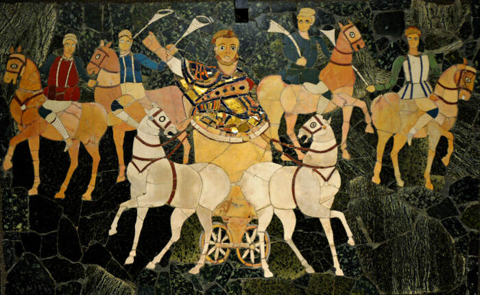 Панно, на котором изображён возничий с всадниками, одетыми в цвета цирковых фракций, начало 4-го века н. э. \ Фото: afsb.org.